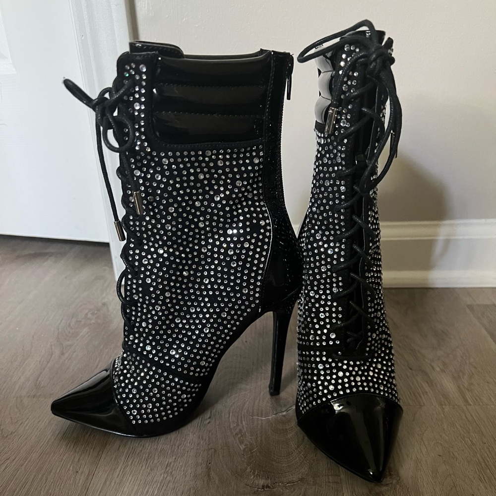 Black Rhinestone Heeled Boots